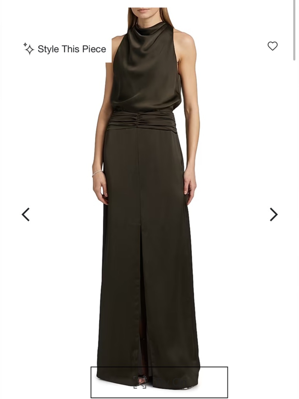 Ramy Brook Deep Olive Satin High-Neck Gown with Ruched Waist